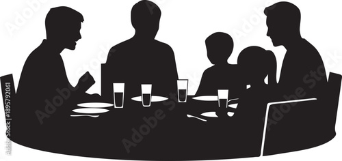 Family sharing meal at table with many dishes, mother serving food to children in warm setting