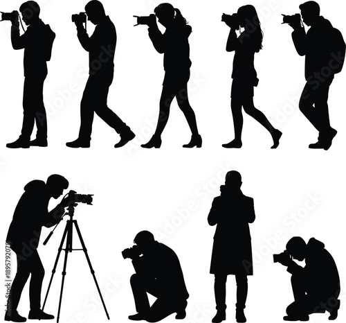 Photographer silhouettes set capturing images in various poses, professional camera shooting activities, creative media workflow, black flat vector illustration