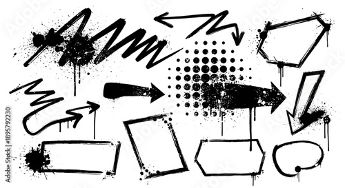 Grunge Arrows and Frames Set. Black Spray Paint