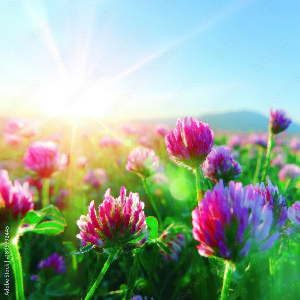 Fototapeta premium Wild Clover blooming in sunset field blooming in a summer countryside landscape, featuring warm golden light and pink flowers for nature marketing background