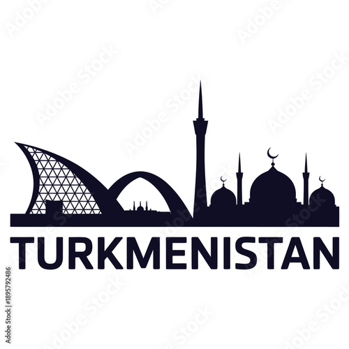 Turkmenistan skyline featuring a modern building and traditional mosques