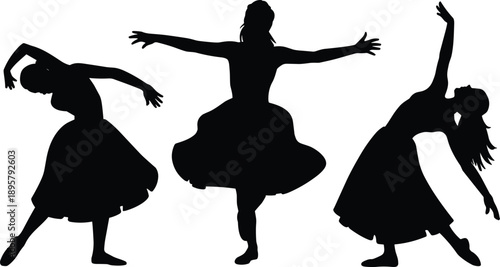 Graceful female ballet dancer silhouettes in expressive poses, classical contemporary dance movement, elegant black flat vector illustration isolated