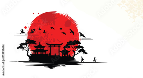 Oriental landscape illustration featuring pagodas a torii gate trees and flying birds against a large red sun.