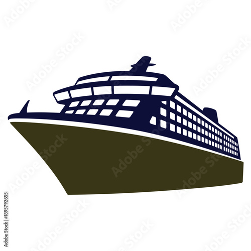 Stylized illustration of a dark blue cruise ship on olive water