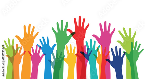 Graphic illustration of many colorful hands raised high together representing community diversity and solidarity.