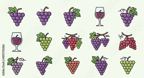 Grape Icons: Fresh Fruit Vector Set