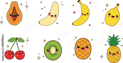 Cute kawaii fruit character sticker set featuring happy papaya cherries banana kiwi and pineapple with sparkling shimmer vector illustrations.