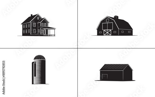 Black and white illustrations of a farm house, barn, silo, and shed in a grid layout