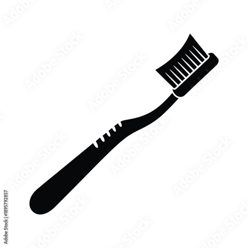 Simple black silhouette of a curved manual toothbrush on white background