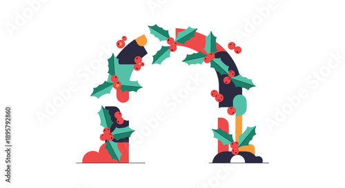 Stylized arch shape decorated with green holly leaves and red berries along with modern abstract colorful shapes.