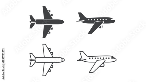 Collection of four distinct airplane icons featuring both filled and outline graphic styles for travel