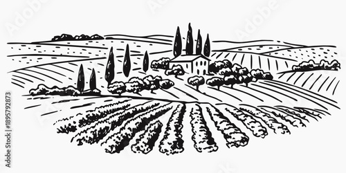 A tranquil countryside landscape with a house amongst rolling hills and trees