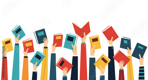 Hands reaching up to hold various books against a white background, representing education, literature, learning, and cultural diversity.