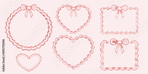 Delicate pink lace frames and hearts with ribbon bows decorative elements
