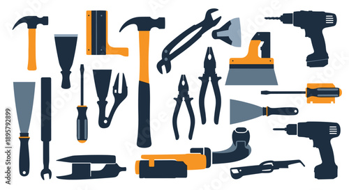 Various hand tools and power tools including hammers, drills, pliers, screwdrivers, and scrapers arranged in a flat lay design for construction.