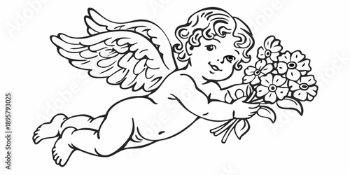 Canvas Print A charming black and white illustration of an angel carrying flowers