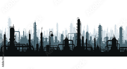 Industrial refinery skyline silhouette showing complex pipes, towers, and tanks, representing heavy industry, manufacturing, and chemical processing.