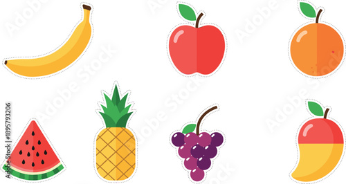 Cute kawaii fruit icon set featuring happy banana apple orange watermelon pineapple grapes and mango in clean flat vector style.