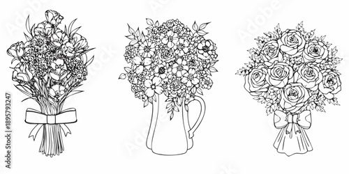Three black and white floral arrangements bouquets and a pitcher illustration