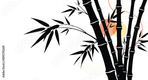 Artistic black silhouette of bamboo stalks and leaves with colorful circular accents in the background, blending traditional and modern styles.