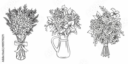 Three elegant floral bouquets sketched in black and white displayed in vases