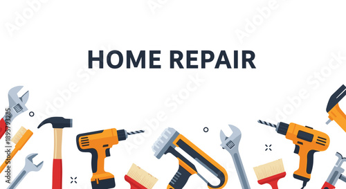Assortment of home repair tools like drills, wrenches, and brushes arranged around the text home repair on a clean white background for service.