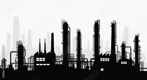 Silhouettes of a complex industrial factory with numerous pipes, chimneys, and storage tanks, reflecting heavy manufacturing and urban industry.