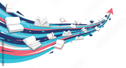 Wave of colorful lines carrying many open books upwards toward a red arrow, symbolizing education, progress, and the journey of learning.
