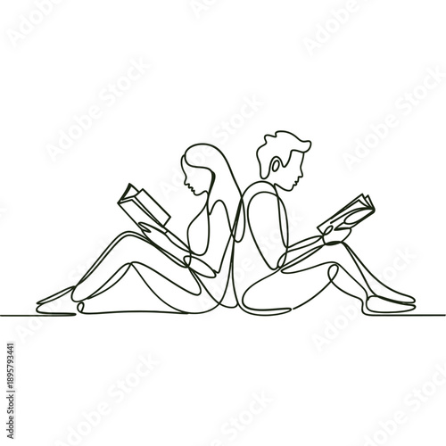 Couple reading books together depicted in a minimalist single line drawing style
