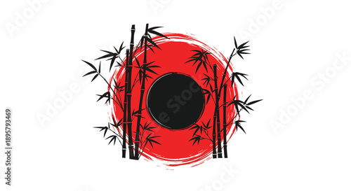 Black silhouette of bamboo stalks against a large red sun with a smaller black circle in the center, creating a bold japanese style graphic.