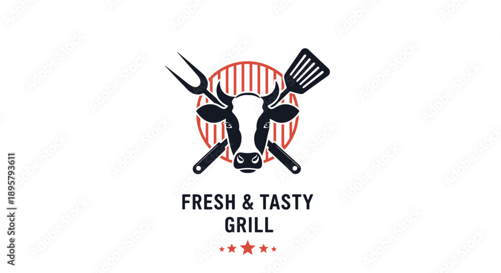 Obraz premium Logo for a grill restaurant featuring a cow head silhouette in front of a red striped sun with crossed grilling tools like a fork and spatula.