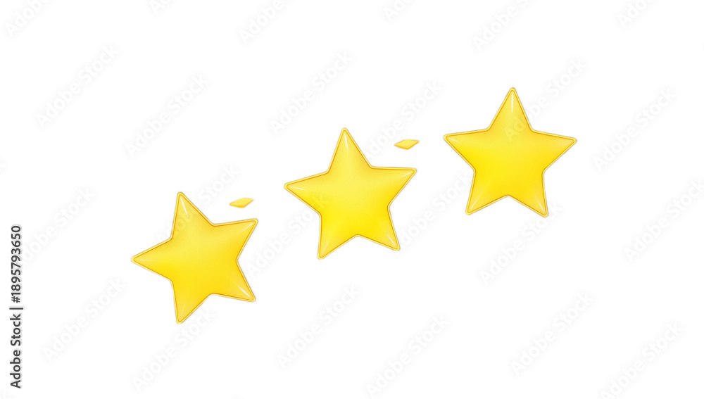 Fototapeta premium Three sparkling golden stars on a white background, representing achievement, success, and excellence in a simple, clean design