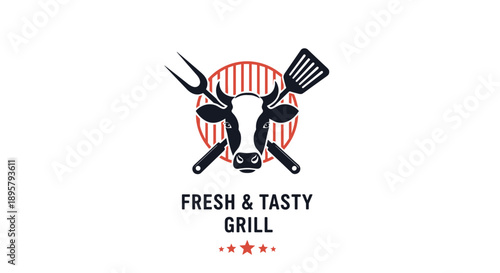 Logo for a grill restaurant featuring a cow head silhouette in front of a red striped sun with crossed grilling tools like a fork and spatula.
