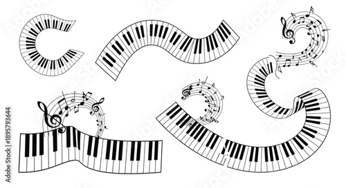 Swirling musical staff with notes and multiple curved piano keyboards, depicting a dynamic, creative, and flowing atmosphere of piano music.