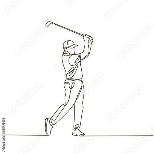 Line drawing depicts a golfer completing a swing focused on motion