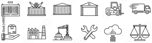 Collection of black and white line art icons for logistics and industry barcode shipping