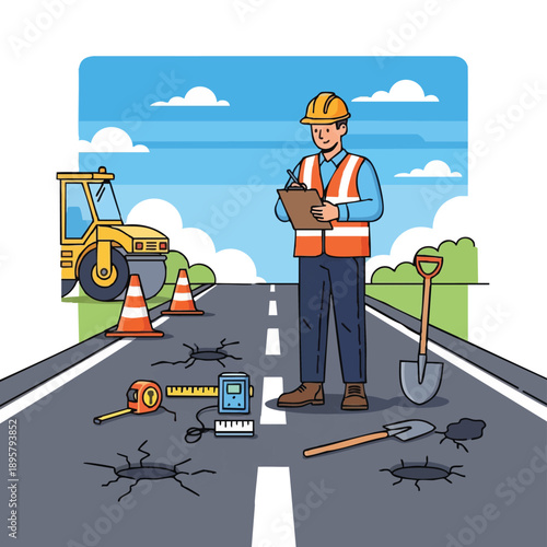 Road Maintenance Inspector Checking Pothole Damage and Asphalt Cracks. Vector Illustration of Civil Engineering and Construction Work.