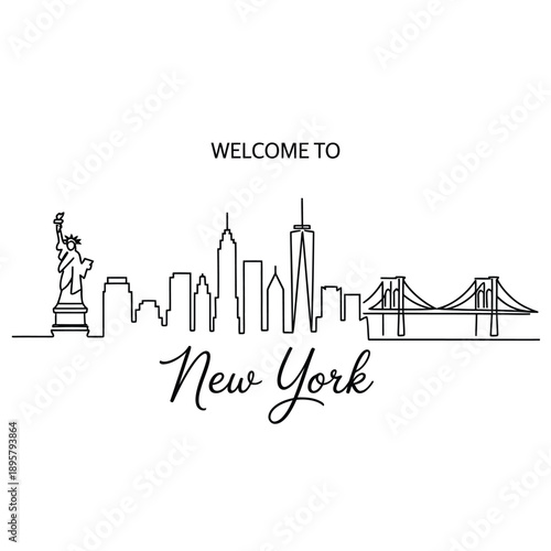 Line art illustration of the new york city skyline with iconic landmarks