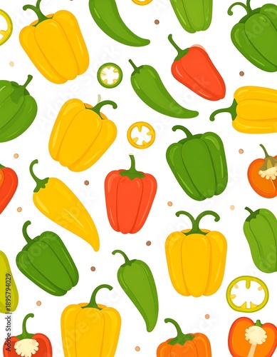 Cheerful peppers in various bright colors form a repeating pattern on a white backdrop