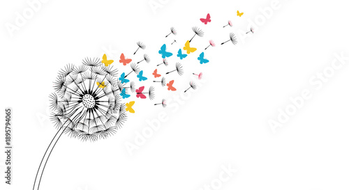 Illustration of a dandelion flower losing its seeds which transform into a flock of colorful butterflies flying away in the wind.