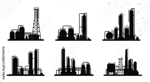 Set of industrial factory and oil refinery silhouettes showing various structures like towers, tanks, and pipes on a light background.