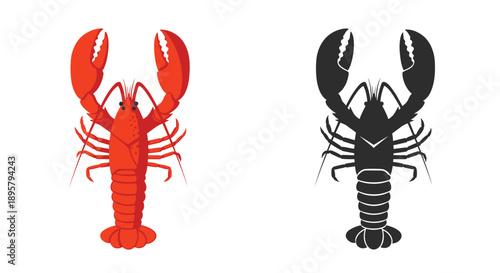Illustrations of lobsters showing a detailed red version alongside a solid black silhouette icon on a clean white background.