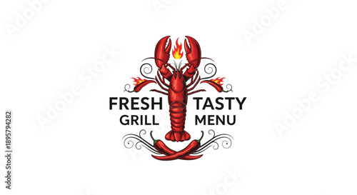 Decorative logo design for a fresh grill menu featuring a lobster with chili peppers, flames, and elegant scrollwork on a white background.