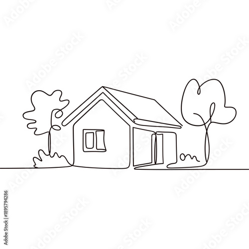 Minimalist line drawing of a simple house with surrounding trees