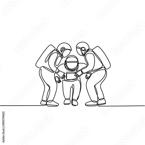 Continuous line drawing of three astronauts examining a sphere