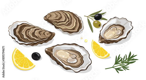 Gourmet illustration of fresh oysters in shells served with lemon wedges, black and green olives, and a sprig of dill.
