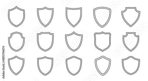 Large set of various shield shape outlines in black and white, suitable for icons, emblems, logos, or security symbols.