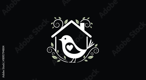 Heartwarming logo featuring a white bird with a heart on its wing nestled inside a simple house shape surrounded by leafy vines.