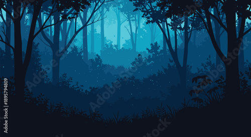 Serene and mysterious forest landscape at night depicted in various shades of blue with silhouettes of trees and bushes.
