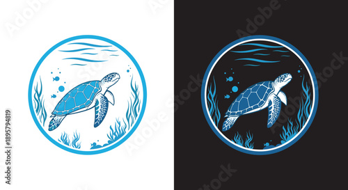 Circular emblem designs featuring a sea turtle swimming underwater among seaweed, shown in both light and dark color schemes.